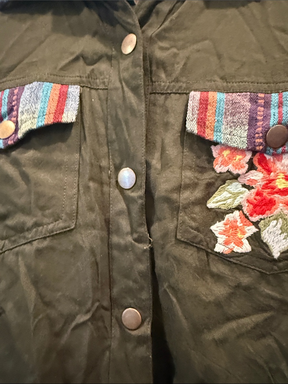 Olive Green Embroidered Utility Jacket with Multicolor Trim - Picture 5 of 13